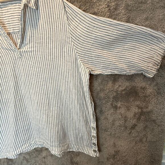 Sigrid Olsen Linen Blue White Stripe Tunic Top Popover Blouse Buttons 2X 2XL - Picture 3 of 9